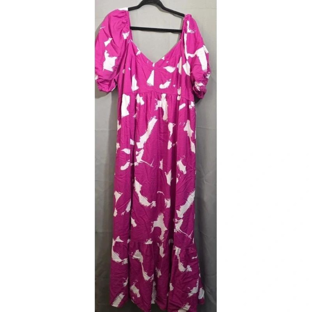 Nine West Magenta Pink White Abstract Puff Sleeve Smocked Tiered Maxi Dress 2X